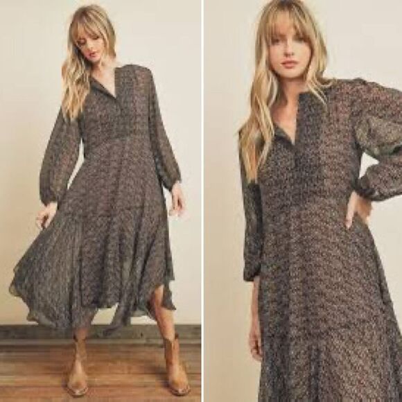 Dress Forum Rhapsody‎ Chiffon Shark-bite Hem Midi Dress Brown Size M - Picture 12 of 12